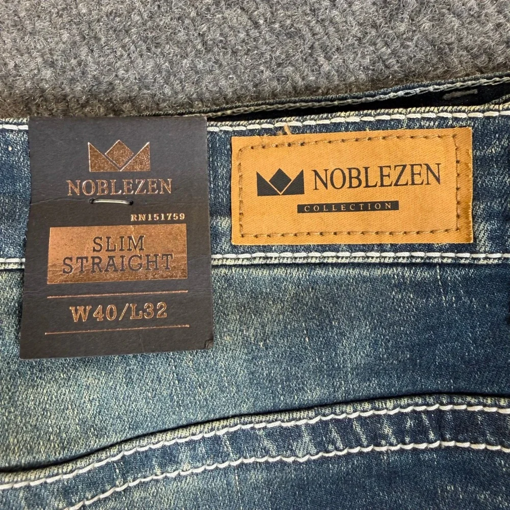 Noblezen Collection Mens Slim Straight Jeans Blue Distressed‎ W40 L32 NEW